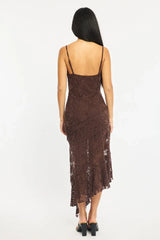 Brown Midi Dress Asymmetric Hem Lace