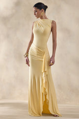 Helessia | Lemon Asymmetric-Neck Maxi Dress With Gathered-Detailing And Sash