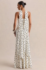 Starling | White & Black Polka Dot Matte Satin Plunge-Neck Maxi Dress With Scarf-Detail