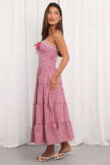 Red Check Maxi Dress Satin Tape Detail
