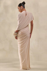 Lunaline | Champagne High-Neck Maxi Dress With Asymmetric Cape And Draped-Detailing