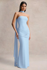 Graciella | Light Blue Bandeau Maxi Dress With Draped Detailing And Scarf