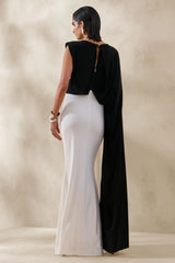 Carenza | Black & White Wide-Neck Maxi Dress With Cape-Sleeve
