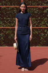 Whispera | Navy Crew-Neck Maxi Dress With Satin Skirt And Pocket-Details