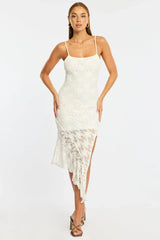 White Midi Dress Asymmetric Hem Lace