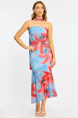 Blue Floral Strapless Maxi Dress