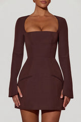 Square-Neck Structured Tulip Mini Dress in Chocolate Brown