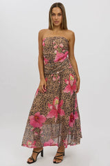 Multi Animal Print Maxi Dress Strapless Drop Waist Mesh