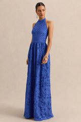 Indiana | Dark Blue Broderie Halter-Neck Maxi Dress