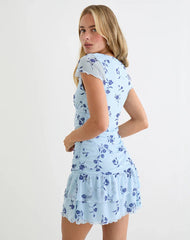 Mowgli Cap Sleeve Mini Dress in Thin Leafy Blue