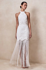 Skylar | White Lace Halter-Neck Maxi Dress With Open-Back And Bow Detail