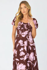 Purple Floral Midi Dress Puff Sleeve