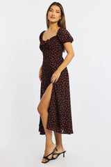 Black Ditsy Midi Dress Puff Sleeve