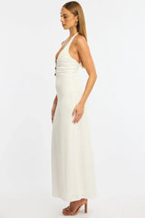 White Maxi Dress Beading Trim Textured Fabric