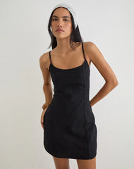Ambra Scoop Mini Dress in Linen Black