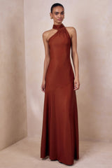 Cara | Rust Matte Satin High-Neck Maxi Dress