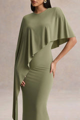 Ravena | Olive Crew-Neck Maxi Dress With Asymmetric-Cape Sleeve