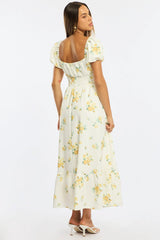 Yellow Floral Maxi Dress Puff Sleeve