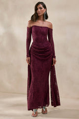 Parisse | Burgundy Lace Bardot-Neck Maxi Dress With Draped-Detailing