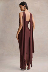 Sheila | Dark Brown Bandeau Maxi Dress With Scarf Detail