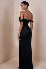 Celinea | Black Satin Bardot-Neck Maxi Dress With Front-High Split