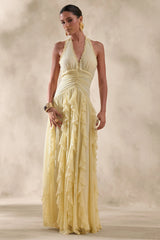 Bea | Lemon Plunge-Neck Ruffled Maxi Dress