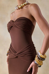 Elodia | Brown Bandeau Maxi Dress With Gathered-Detailing