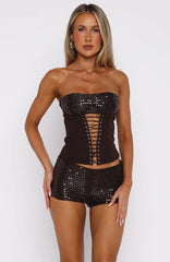 The Glitterati Beaded Mini Shorts Chocolate