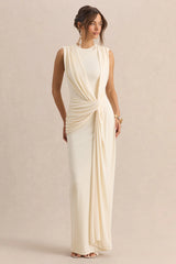 Blythia | Cream Round-Neck Maxi Dress With Gathered-Detailing