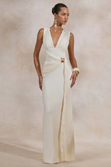 Nalina | Cream Plunge-Neck Maxi Dress With Gathered Detailing And Gold Detail