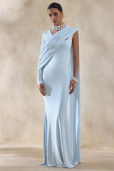 Rubelle | Powder Blue Asymmetric-Neck Maxi Dress With Draped-Detailing