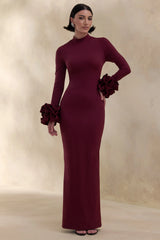 Jaselle | Dark Plum High-Neck Maxi Dress With Ruffled Satin-Cuffs