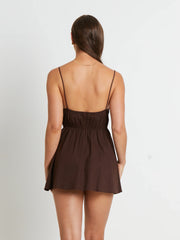 Norah Gather Mini Dress in Coffee Brown