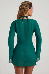 Bead-Embellished Cowl-Neck Sheer Mini Dress in Jade Green