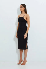 BLACK Designer Linen Look Racer Neck Midi Dress