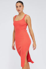 Orange Midi Dress Bodycon Round Neck Ribbed Knit