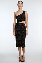 ONE SHOULDER KNIT FLORAL MIDI DRESS WITH CUTOUT