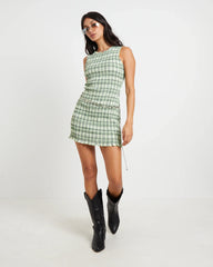 Drew Check Shirred Mini Dress in Lime