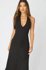 Black Midi Dress Deep V-neck