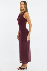 Red Midi Dress Cut Out Detail Mesh