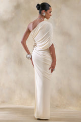 Iberia | Cream Asymmetric-Neck Maxi Dress With Draped Detail