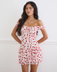 Switaria Mini Dress in Cream with Red Leafy Lily Flock