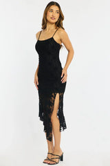 Black Midi Dress Asymmetric Hem Lace