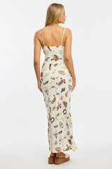 Multi Abstract Midi Dress Gathering Bust Sleeveless