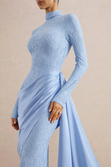 Enestra | Powder Blue High-Neck Lace Maxi-Dress With Draped-Skirt