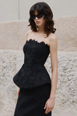 Delvine | Black Lace Bandeau Corset Maxi Dress