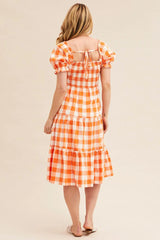 Check Short Sleeve Shirred Midi Dress