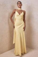 Starling | Lemon Matte Satin Plunge-Neck Maxi Dress With Scarf-Detail