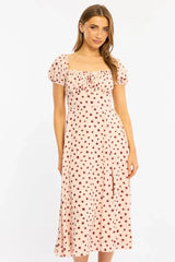 Pink Ditsy Midi Dress Puff Sleeve