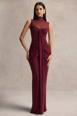 Brialle | Burgundy High-Neck Maxi Dress With Mesh And Gathered-Detailing